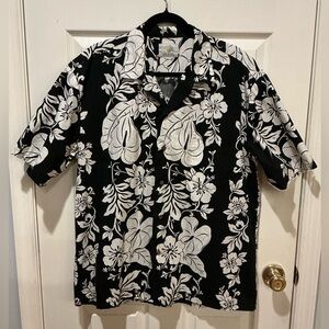 HO ALOHA Made In Hawaii Mens Black White Floral Hawaiian Short Sleeve Shirt L-XL